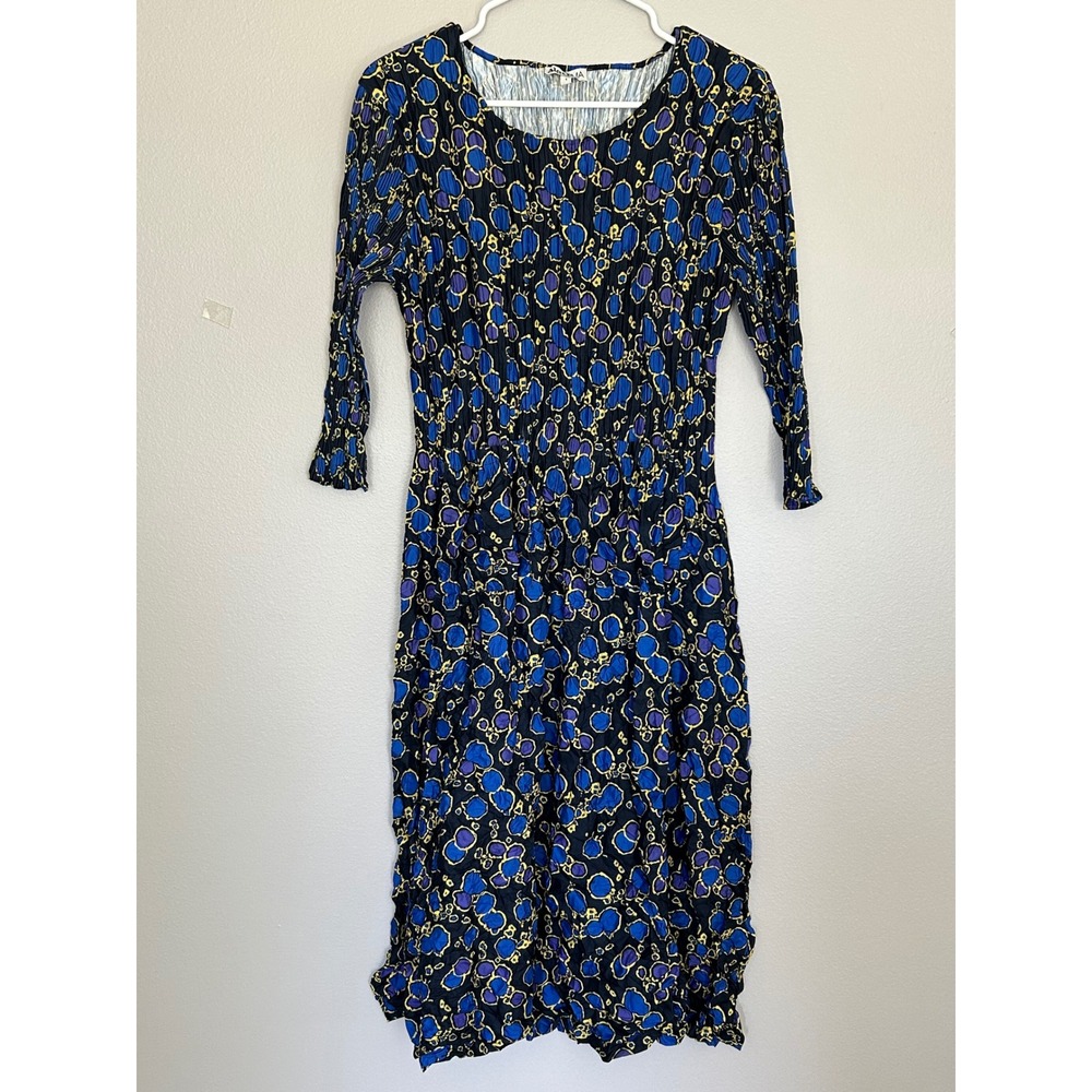 Alquema Smash Pocket Dress Size 1 Blue Abstract Crinkle 3/4 Sleeve Midi cockail